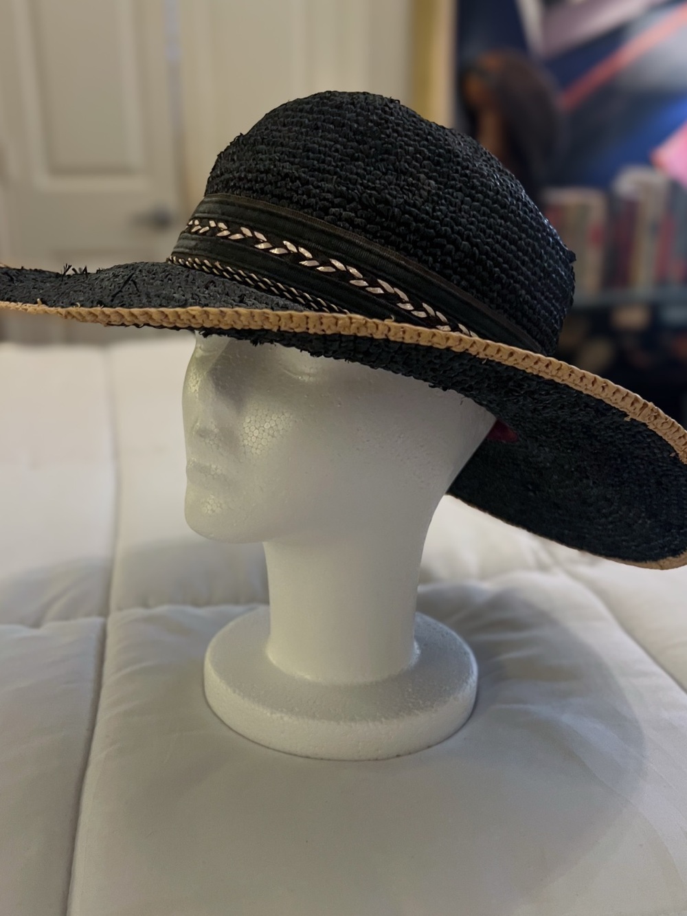 Scala Black Wide-Brim Straw Sun Hat with Braided Trim